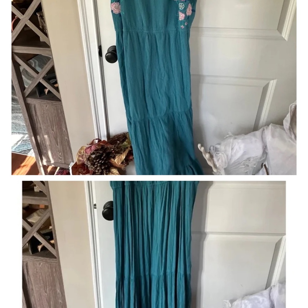 Xl Time and Tru Teal Maxi Dress with Pink Embroidery